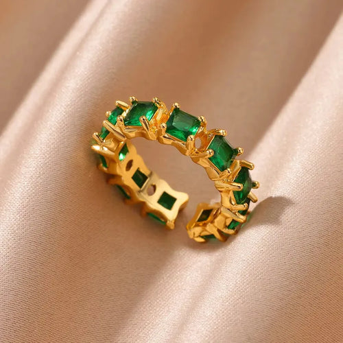 Anillo  Con Piedra verde Natural Zirconia  Ajustable NAXE Acero 304 Bañado en Oro