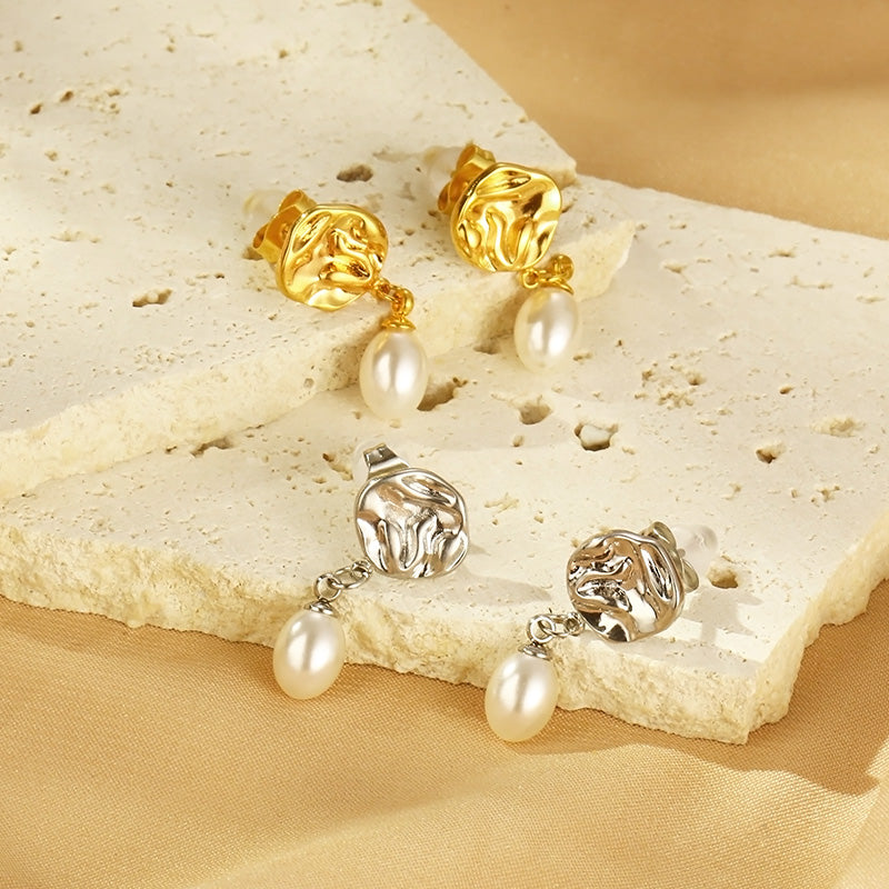 Pendientes  Perla Oval NAXE Acero 304 Bañado en Oro