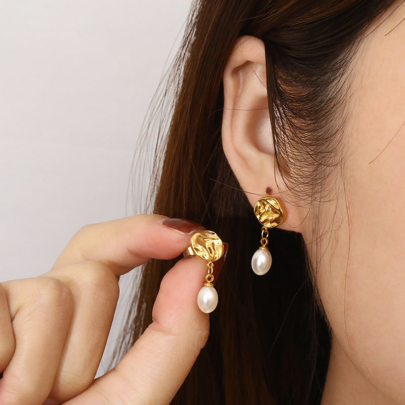 Pendientes  Perla Oval NAXE Acero 304 Bañado en Oro